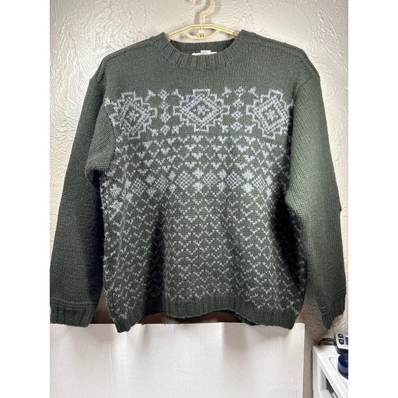 Jeffrey Banks Hand Knit 100% Shetland Wool Nordic Green Sweater Mens Size Large - Picture 1 of 4